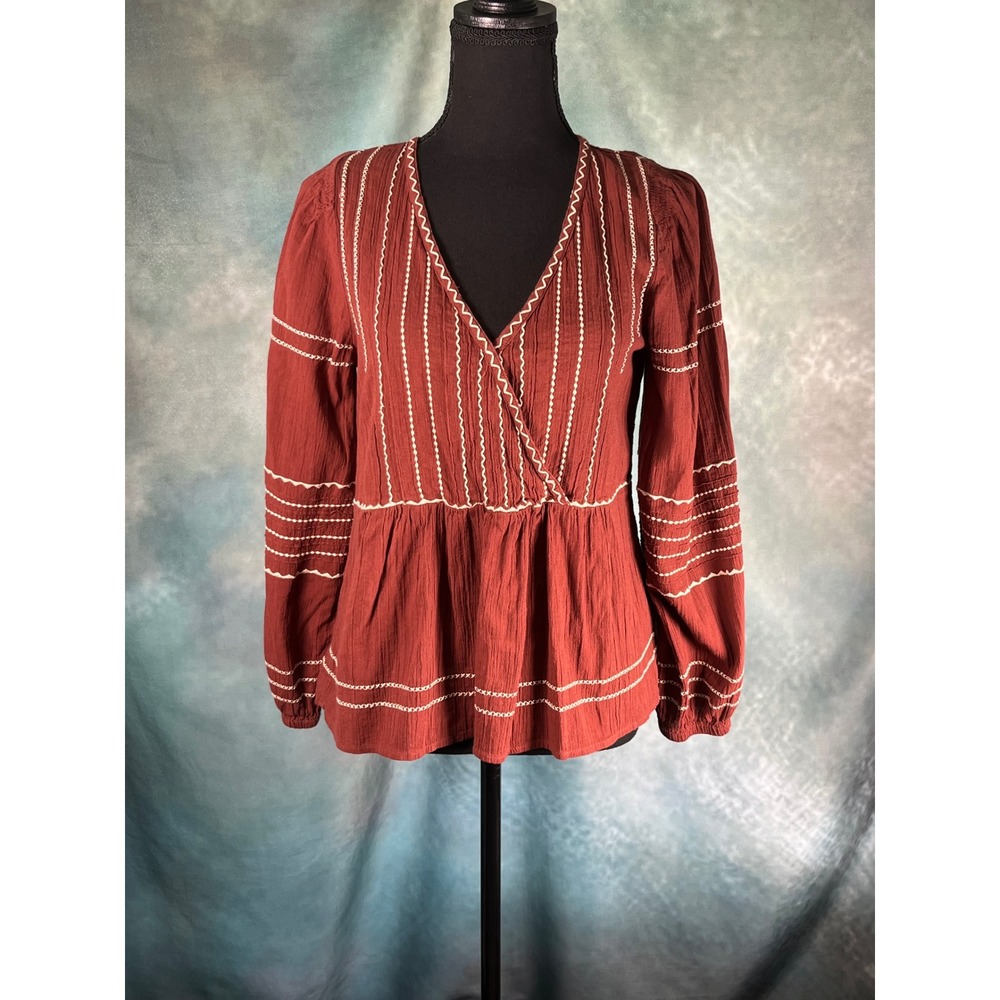 Madewell Rust Red Ric-Rac Embroidered Wrap Peplum Blouse Small Cotton Gauze Top